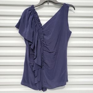 Soft Surroundings 100% Silk Navy Blue sleeveless asymetrical ruffled blouse